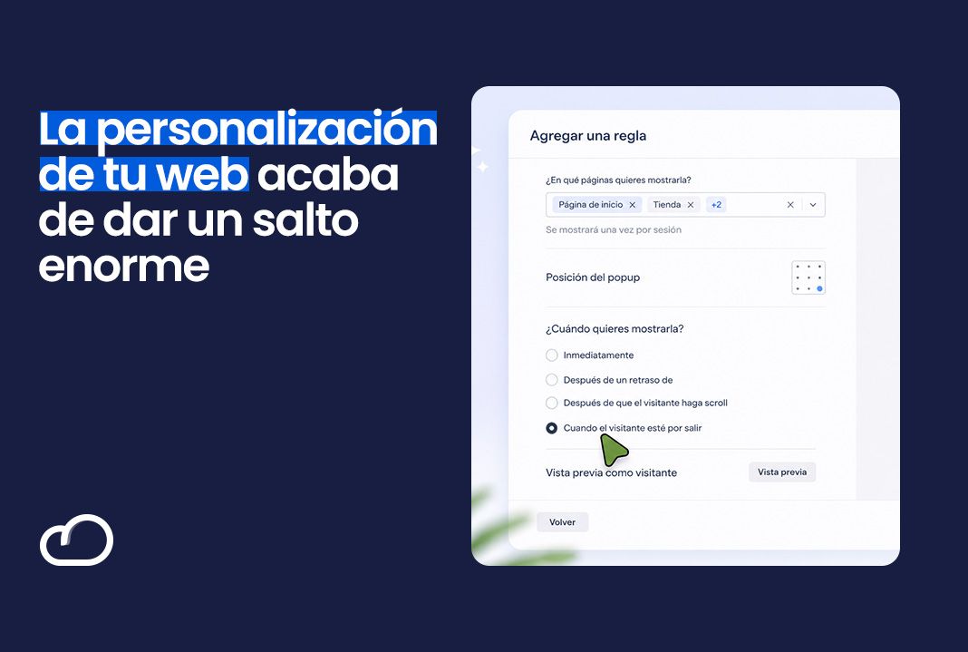 Texto promocional en español junto a una captura de un formulario web blanco sobre fondo azul oscuro.