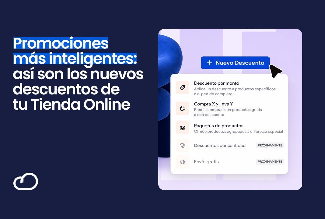 Promoción en fondo azul: “Promociones más inteligentes” con una interfaz de descuentos para tienda online.