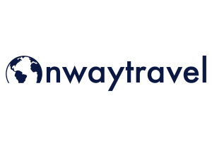 Logotipo de Onwaytravel: icono de globo terráqueo junto a texto azul oscuro, "onwaytravel".