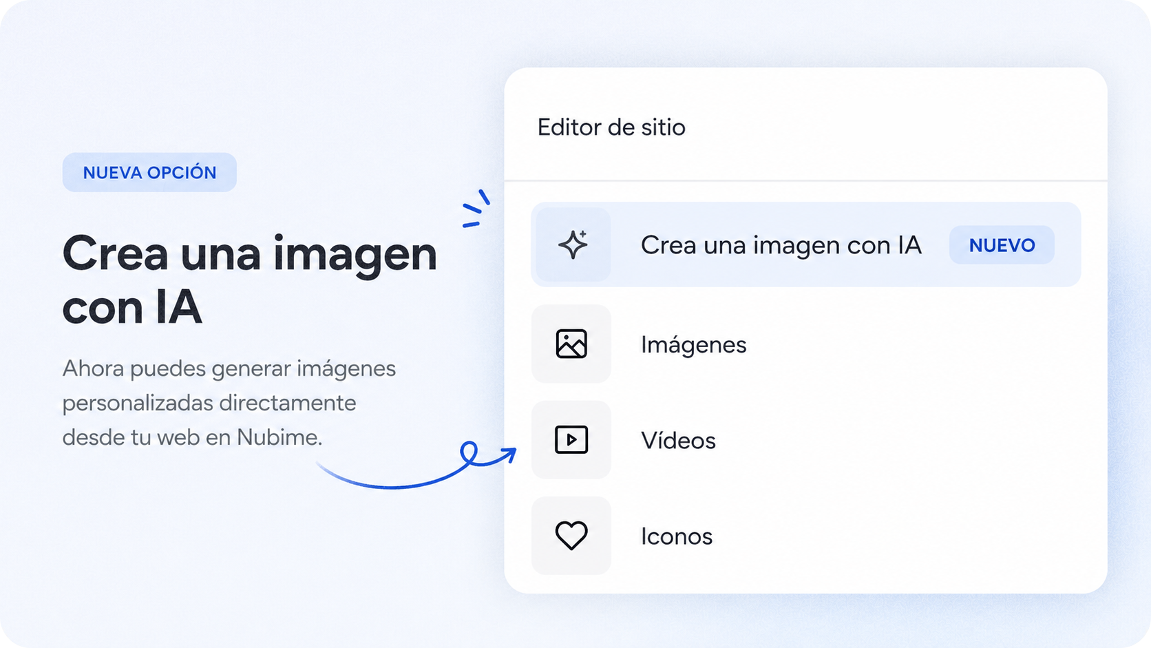 Banner de interfaz de usuario en español para crear imágenes con IA, que muestra una flecha azul que apunta a las opciones del menú.