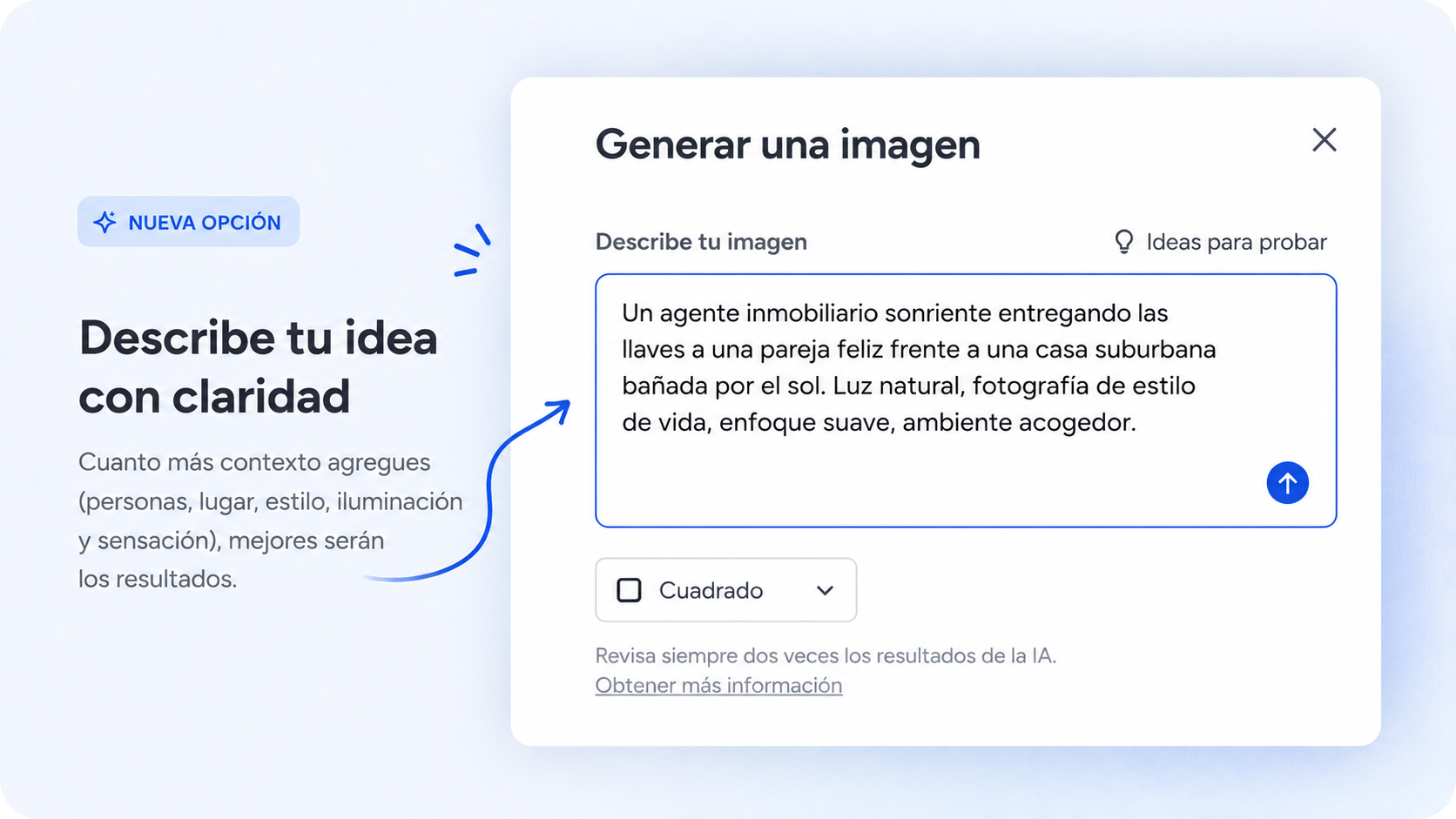 Interfaz de solicitud de generación de imágenes por IA en español con cuadro de texto y panel “Describe tu idea con claridad”.