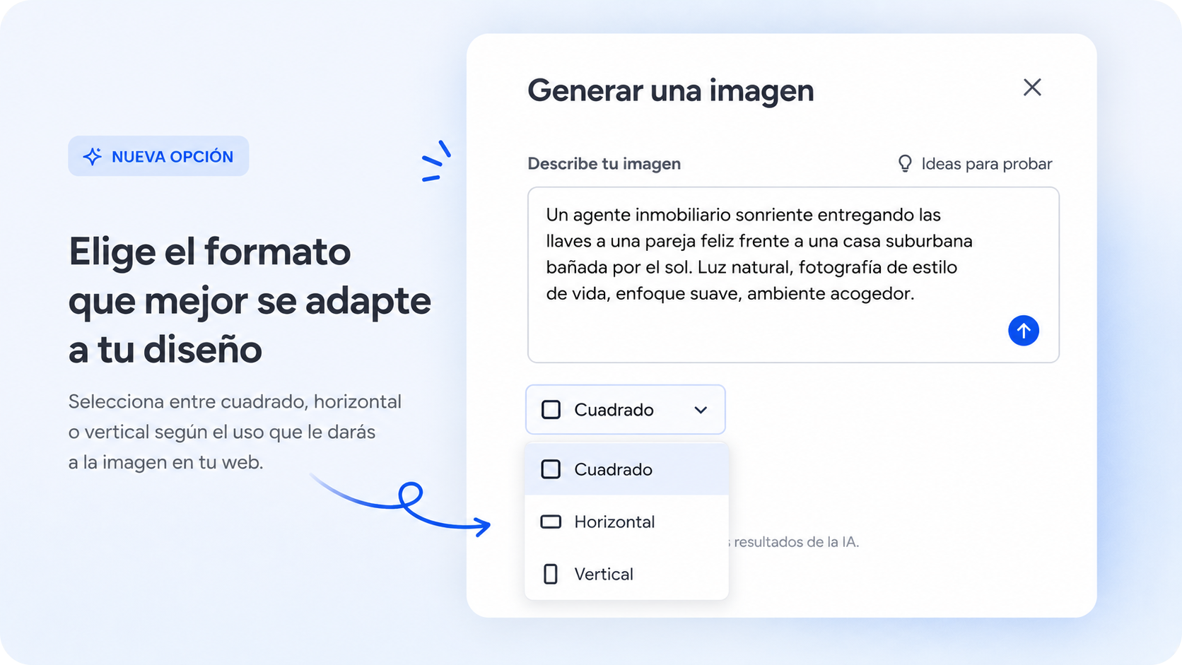 Interfaz de usuario en español que muestra el diálogo “Generar una imagen” con opciones de formato y el texto “Elige el formato…” a la izquierda.