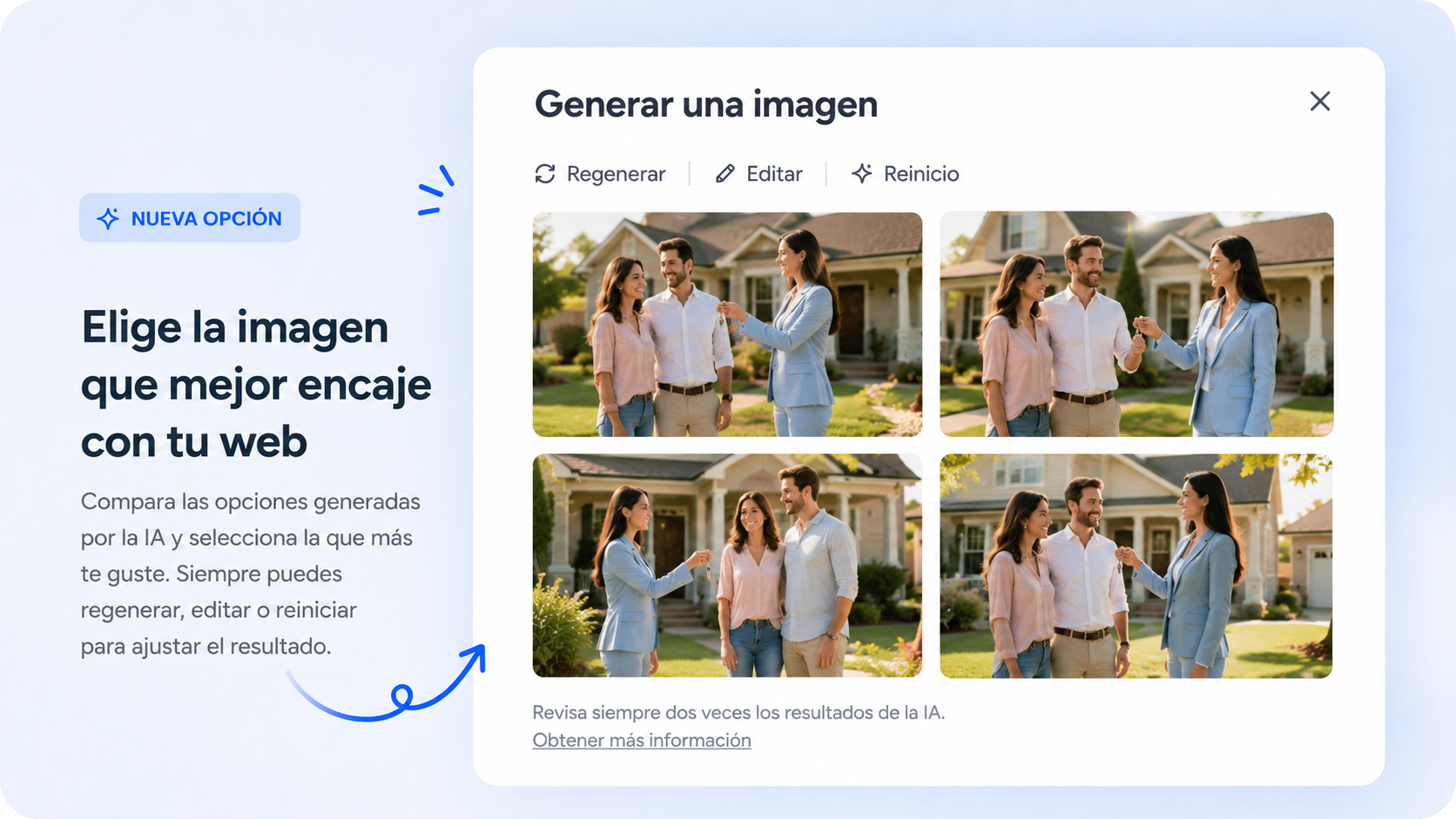 Página web española que promueve la generación de imágenes, con un collage de personas al aire libre en un diseño luminoso y moderno.