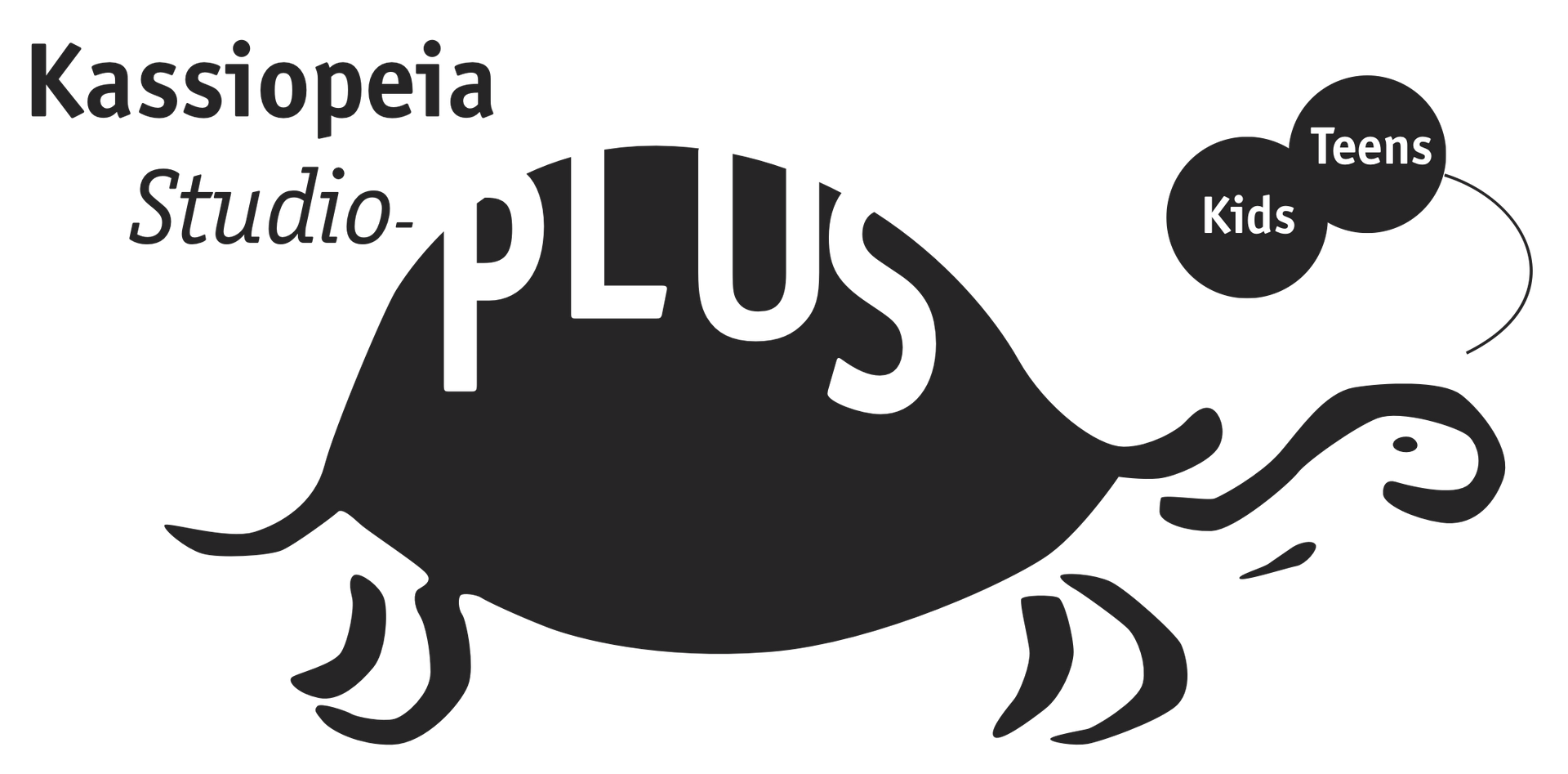Logo mit einer Schildkröte, „Kassiopeia Studio-PLUS“ und Kreisen mit der Aufschrift „Kinder“ und „Jugendliche“.
