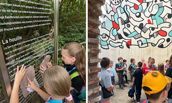 Links: Mädchen lesen im Freien eine Informationstafel. Rechts: Eine Gruppe Kinder betrachtet ein Wandgemälde.