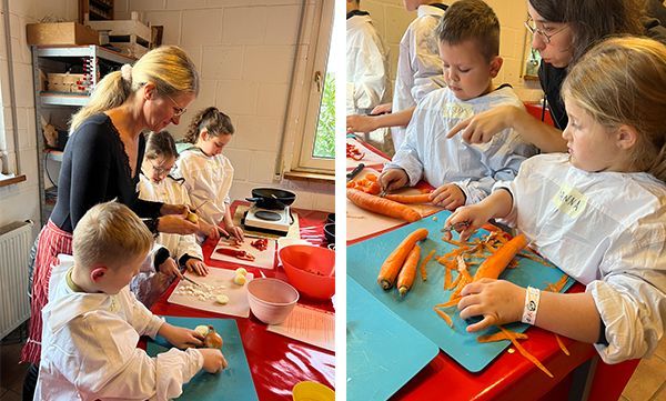 Zwei Fotos: Kinder und Erwachsene bereiten Essen in einer Küche zu. Kinder schälen und schneiden Gemüse unter Aufsicht.