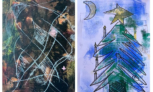 Zwei abstrakte Kunstwerke. Links: Gekritzelte weiße Linien auf dunklem Hintergrund. Rechts: Weihnachtsbaum, Mond, Stern.