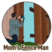 Man kneels photographing a wooden fence gate, with “Mom’s Fence Man” text below
