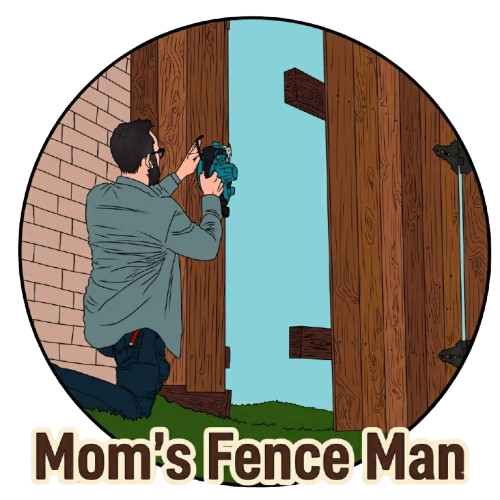 Man kneels photographing a wooden fence gate, with &ldquo;Mom&rsquo;s Fence Man&rdquo; text below