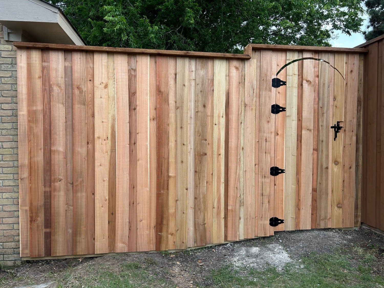 Wooden privacy fence with a matching double gate in a backyard.