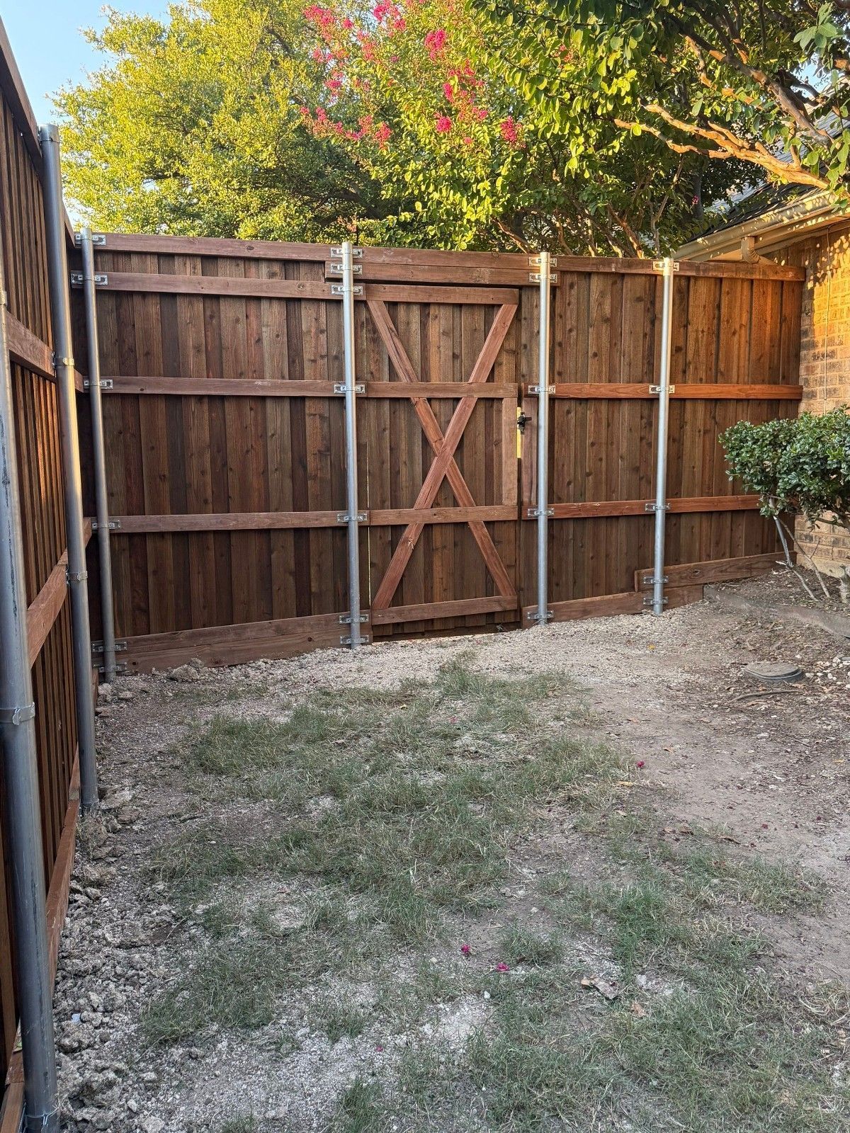 Wooden backyard fence with a central gate and patchy grass under trees