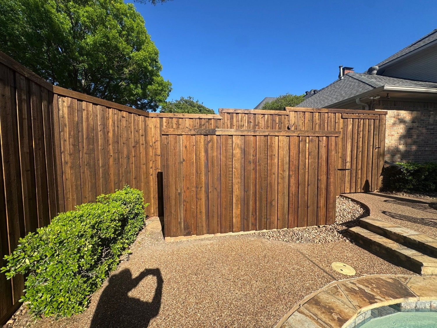 Wooden backyard fence with gravel patio, steps, and green shrub under a blue sky