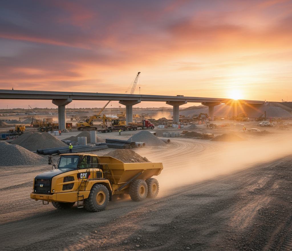 Yellow dump truck hauling gravel at sunset near an elevated roadway construction site