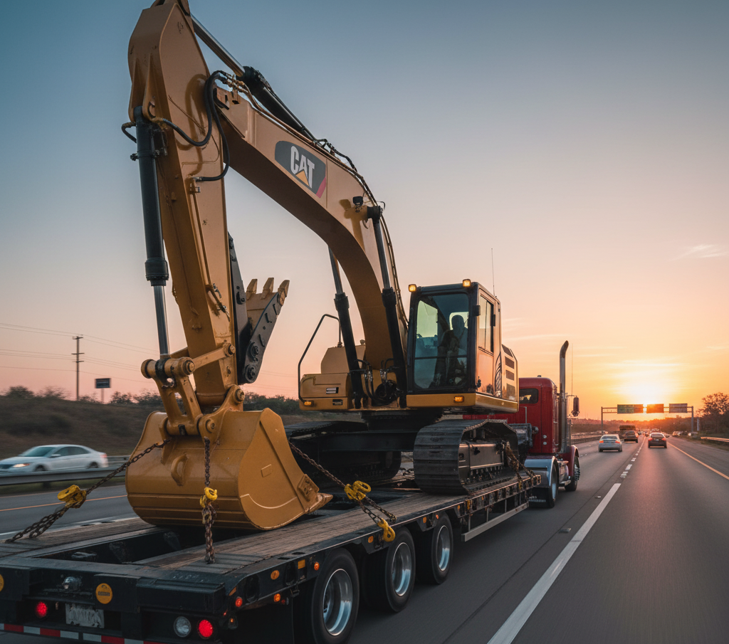 Yellow excavator loaded on a flatbed trailer driving on a highway at sunsetplsceholde