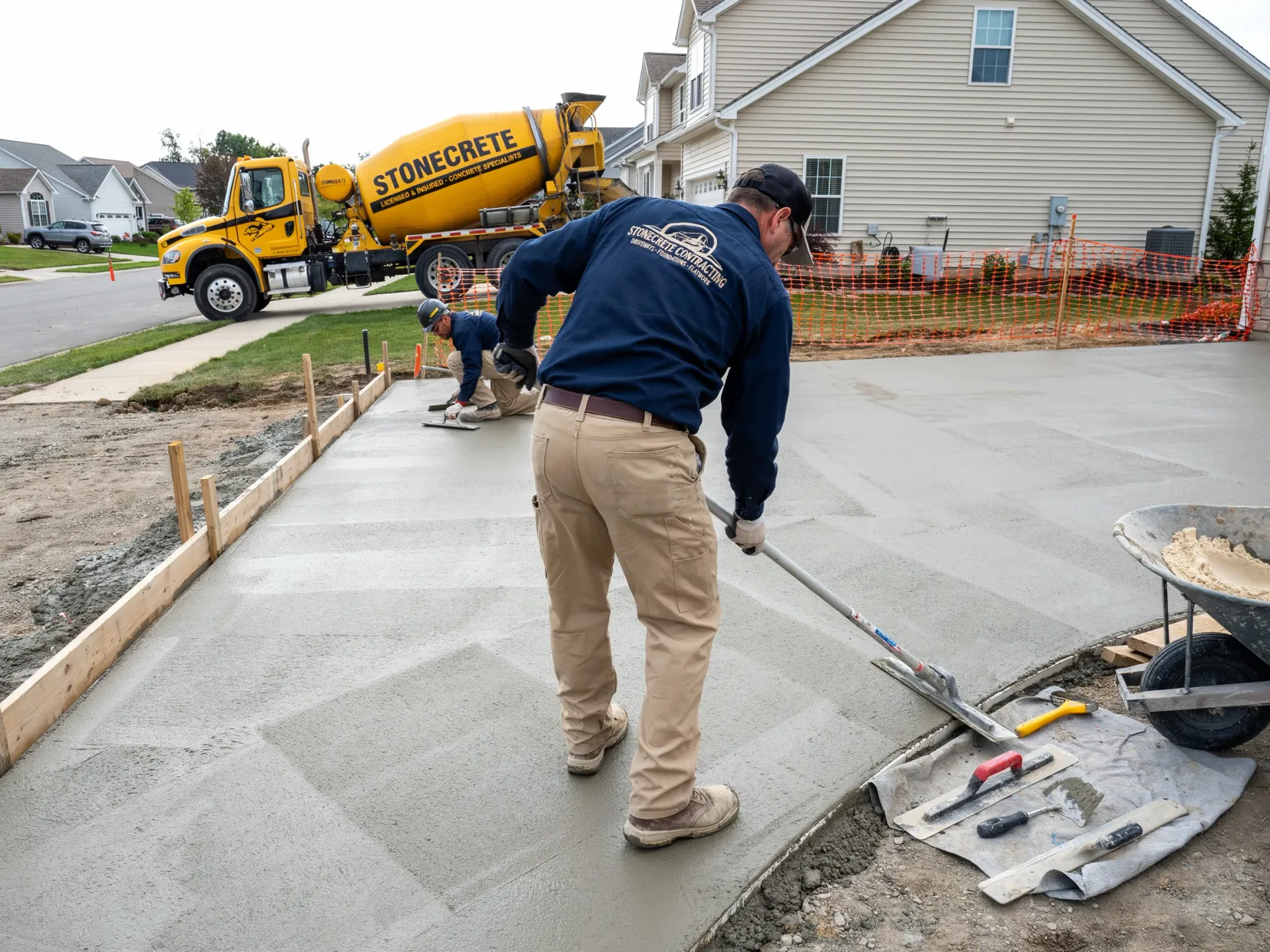 Worker smoothing fresh concrete on a driveway while a cement truck pours in the background