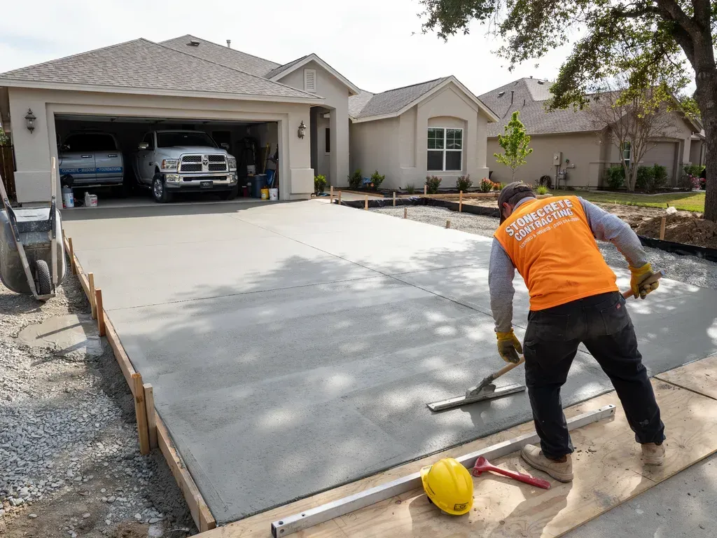 Worker smoothing fresh concrete driveway at a house, with a yellow hard hat and parked truck in the garage.