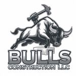 Bull charging beneath a pickaxe with “BULLS Construction LLC” text logo