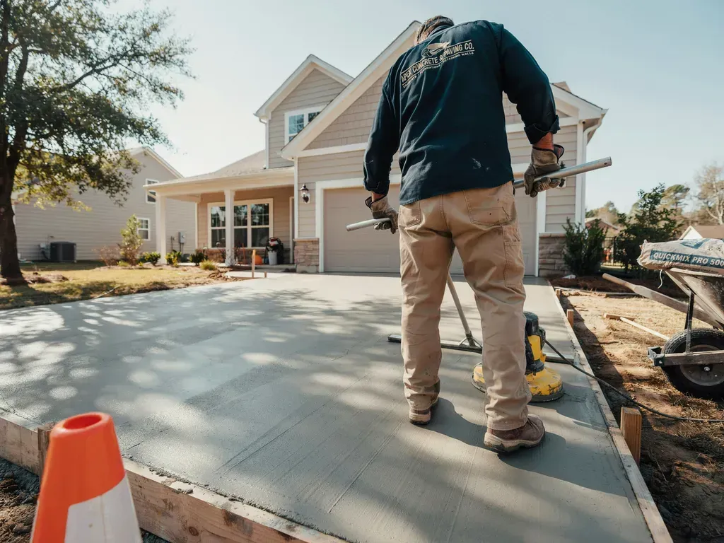 Worker pouring a concrete driveway in front of a suburban house, with an orange cone in the foreground.