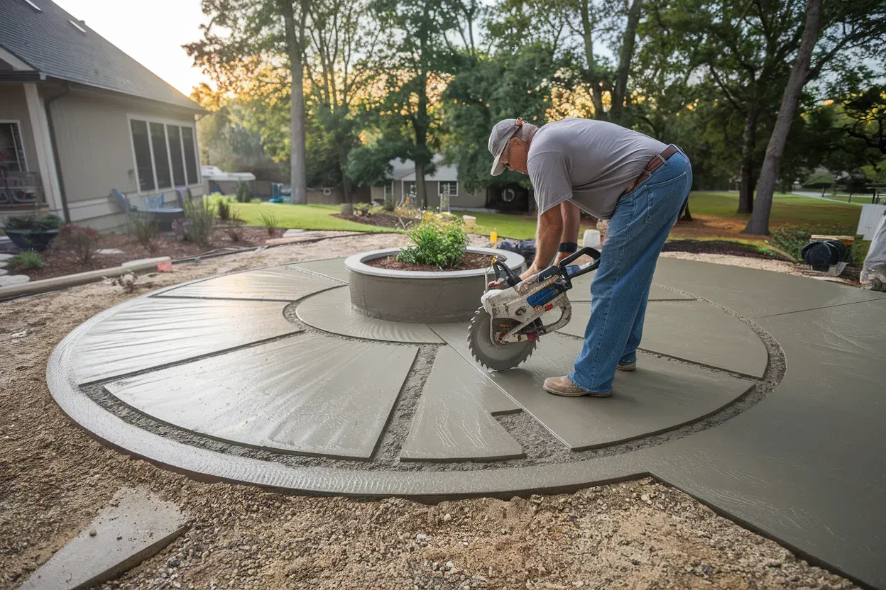 Worker cutting a curved concrete patio around a central planter outdoors