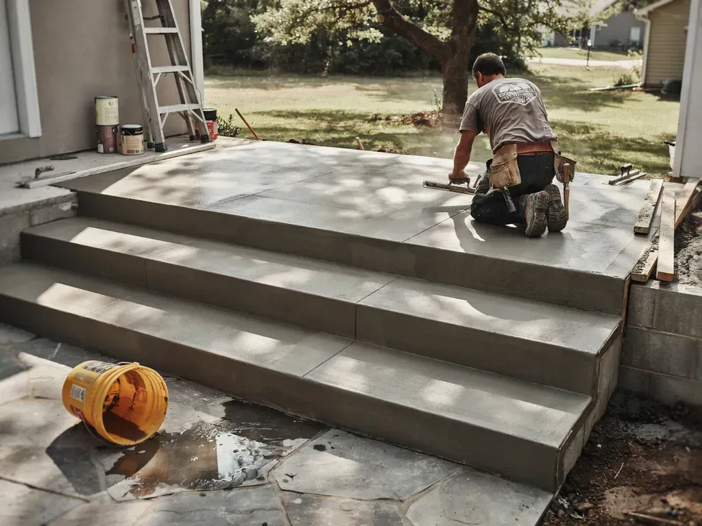 Worker smoothing fresh concrete steps on a front porch, with tools and wet concrete nearby.