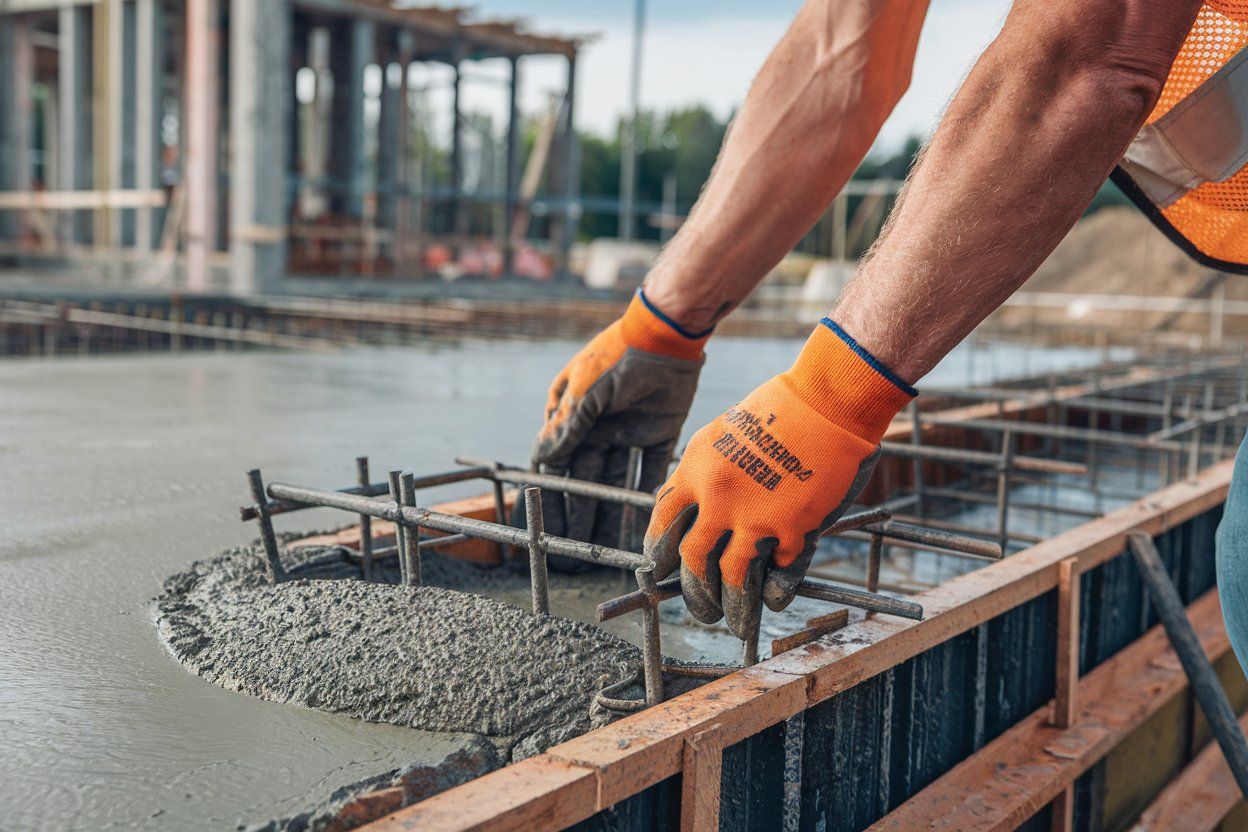 Workerโs orange-gloved hands smoothing wet concrete in a wooden form on a construction site