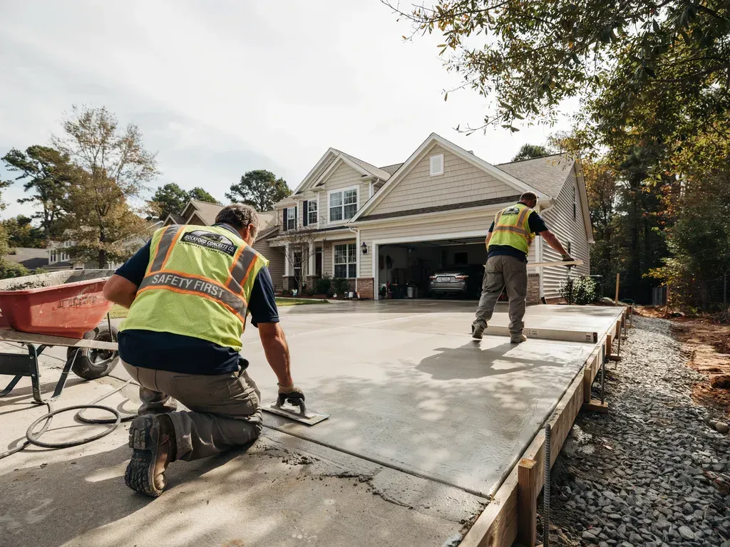 Workers in safety vests pour and smooth concrete on a residential driveway under construction