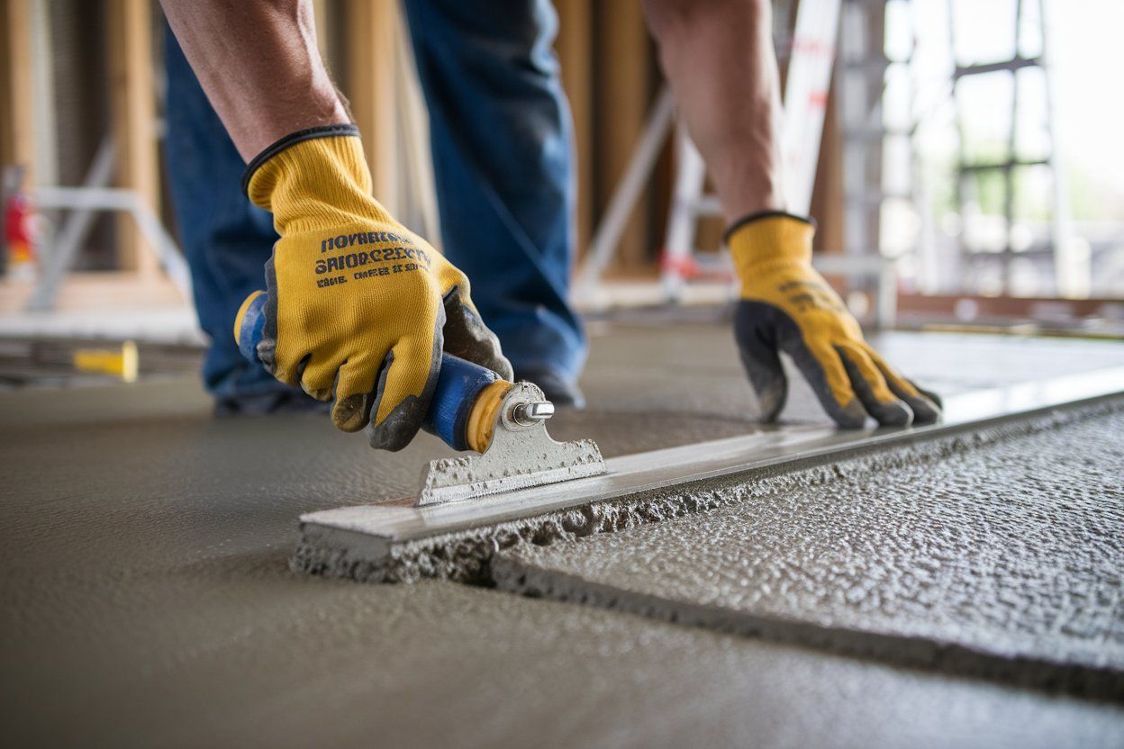 Worker smoothing wet concrete with a trowel while wearing yellow gloves at a construction site