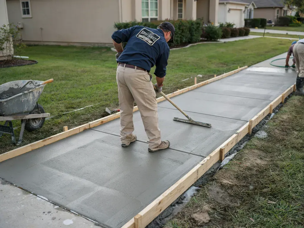 Workers smoothing wet concrete in a newly formed sidewalk beside a house