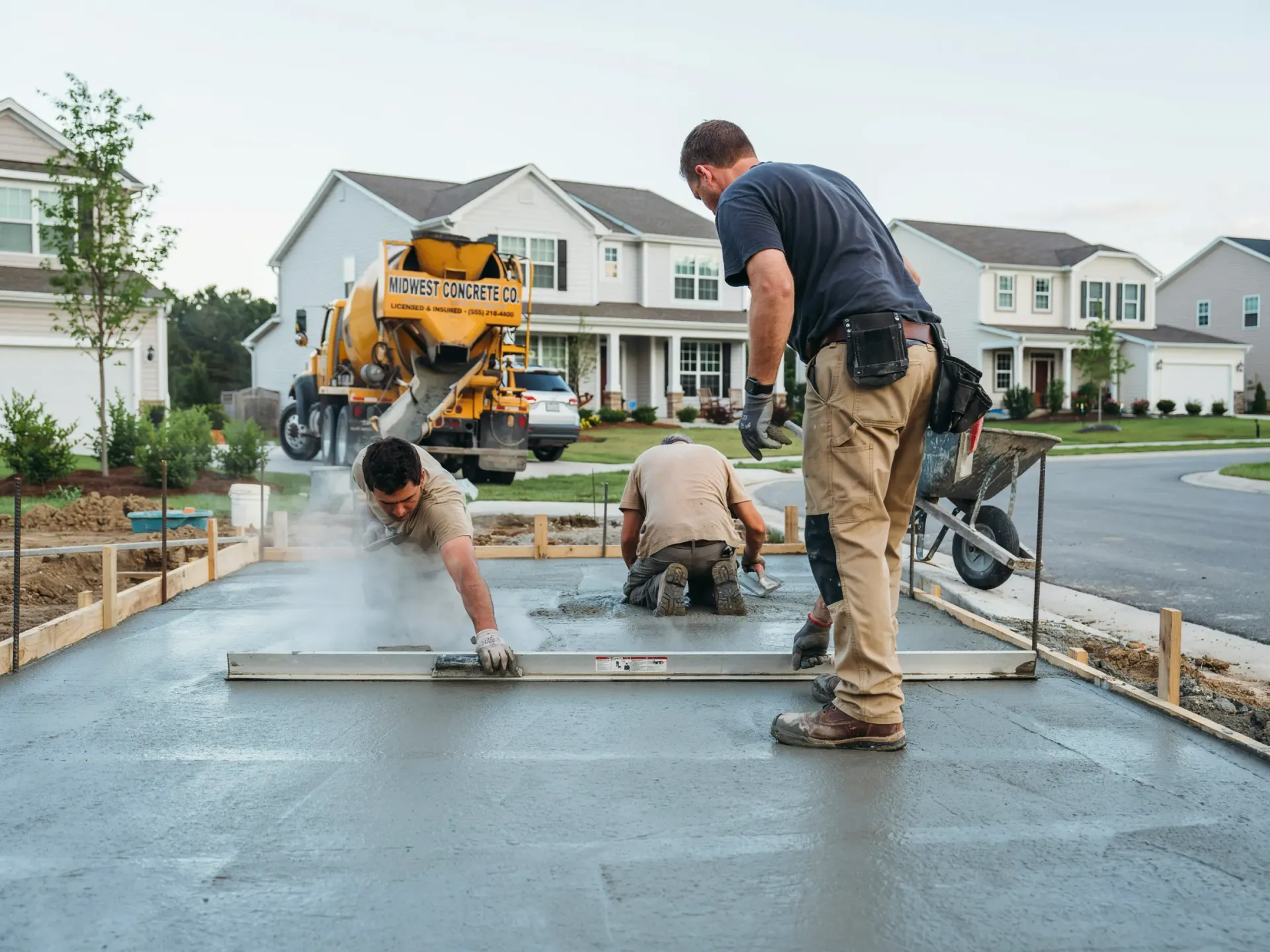 Workers smoothing wet concrete at a suburban home construction site