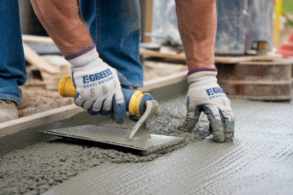 Workers smoothing wet concrete with trowels at a construction site