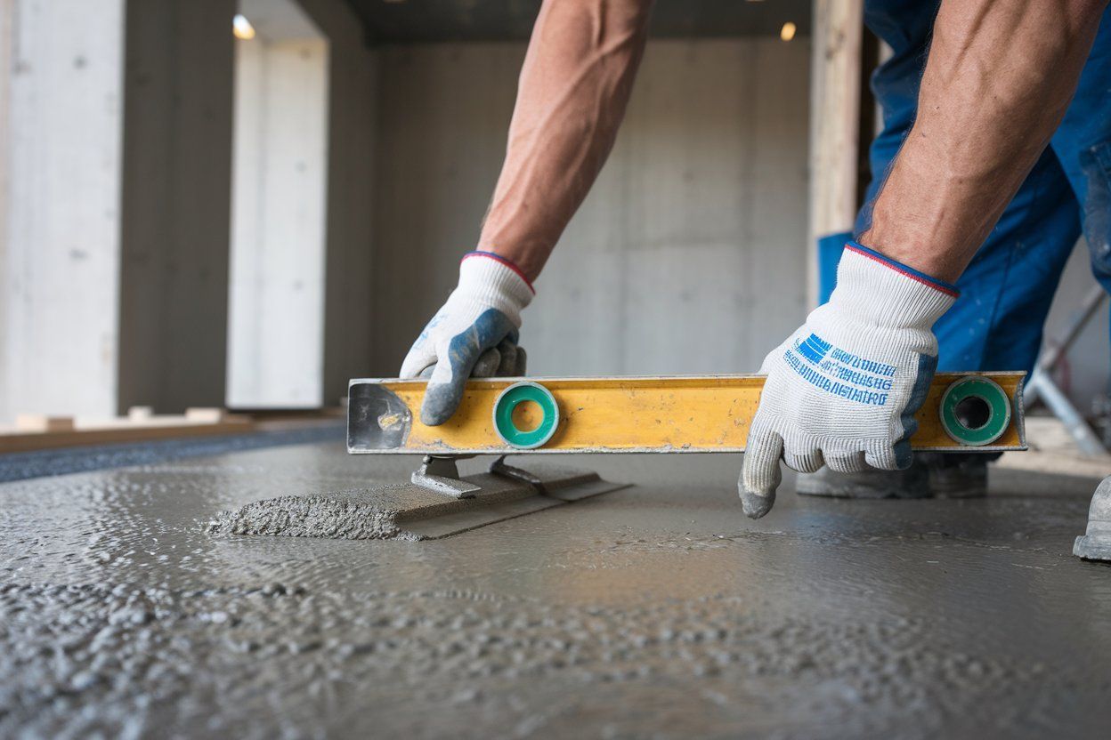 Worker smoothing wet concrete with a trowel at a construction site