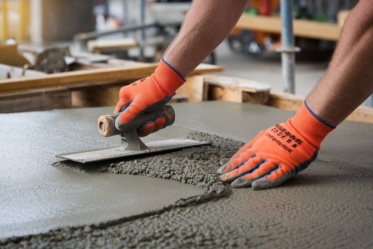 Orange-gloved hands smoothing wet concrete with a trowel on a construction site