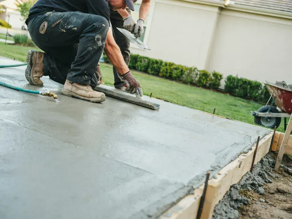 Worker smoothing wet concrete on a driveway edge with a trowel