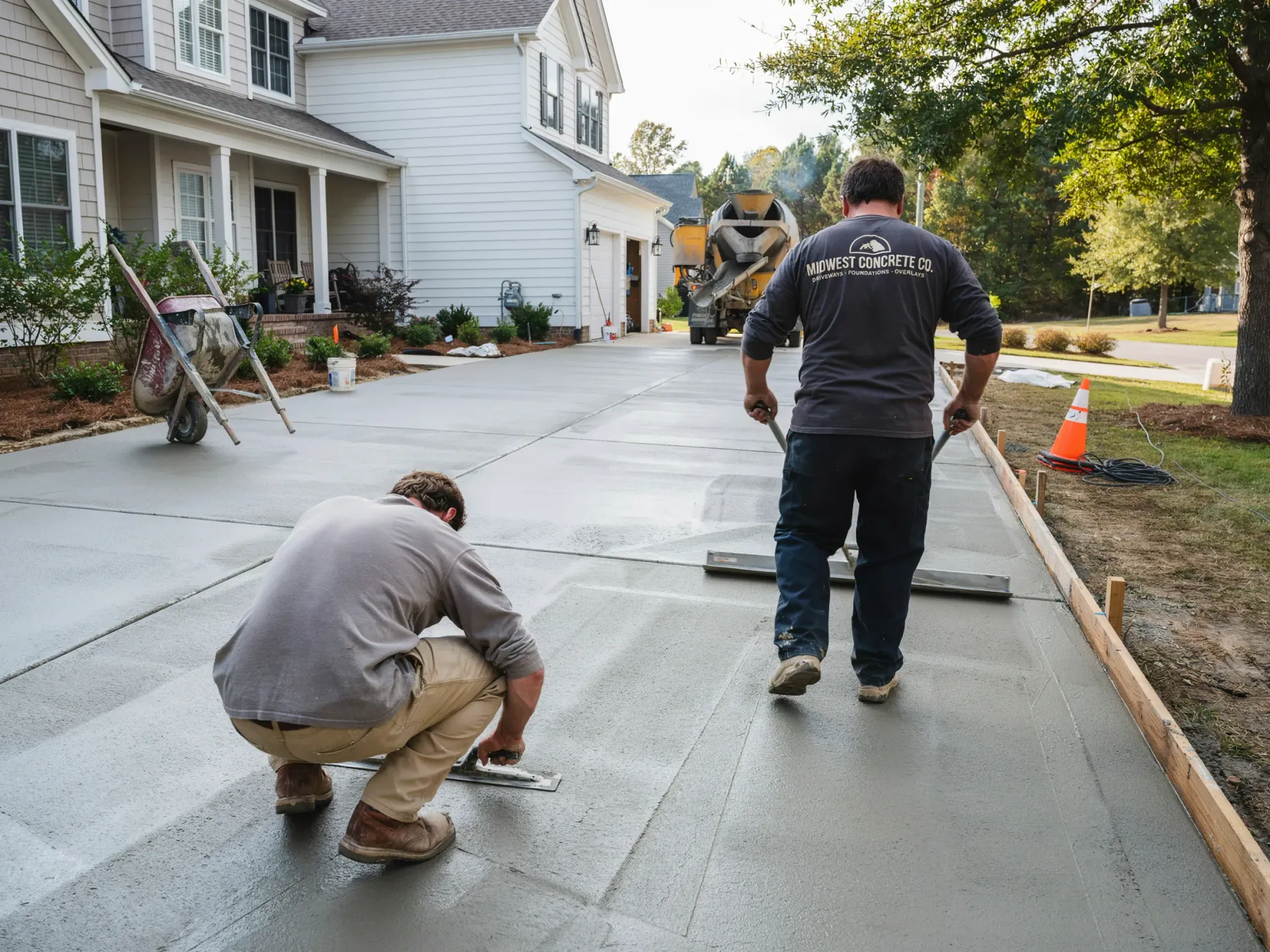 Workers smoothing fresh concrete on a driveway beside a house