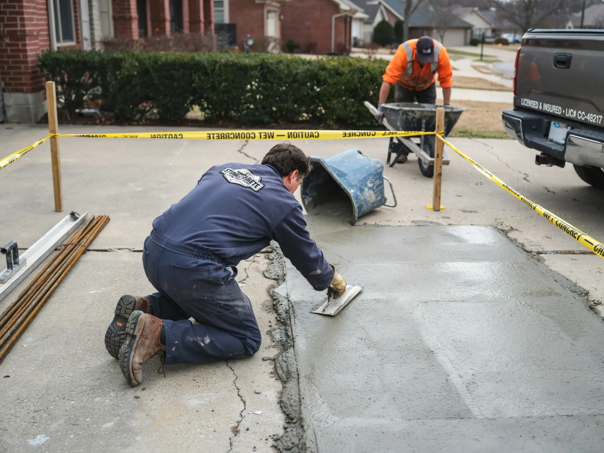 Workers repairing cracked concrete sidewalk on a residential street, with one kneeling and another in orange jacket.