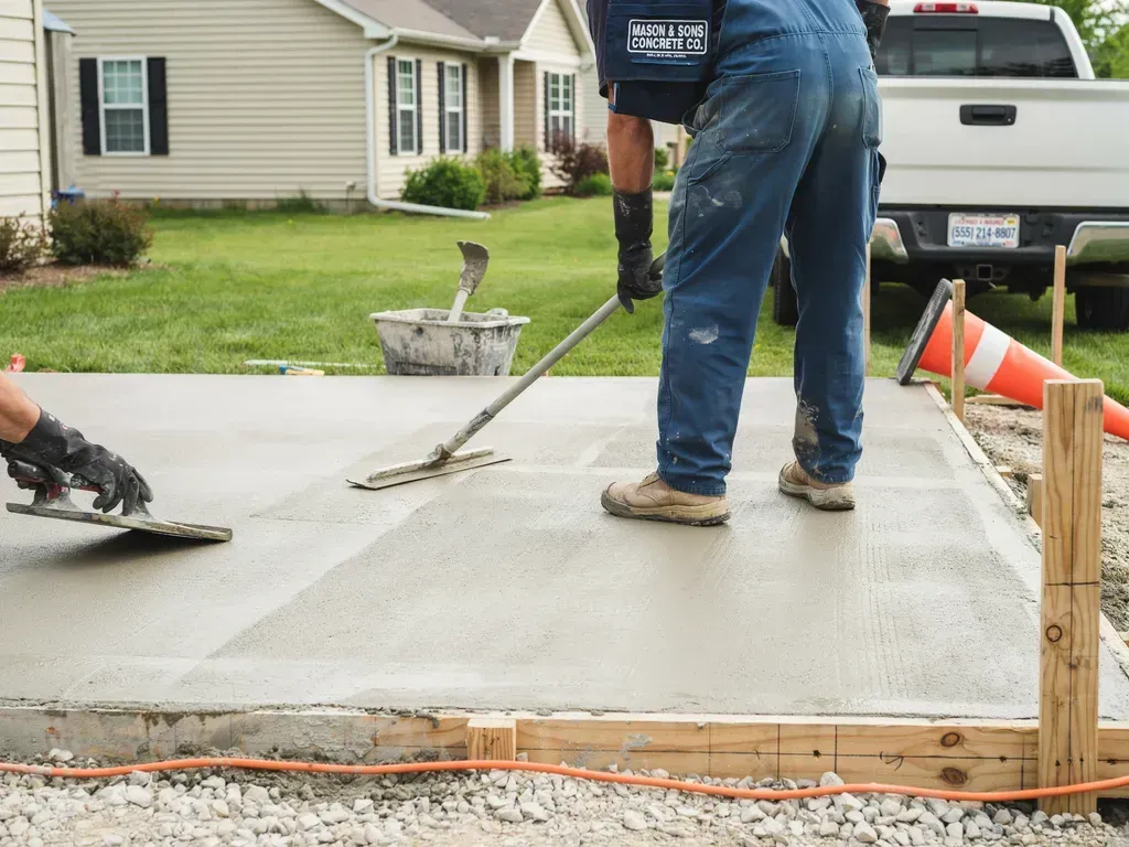 Workers smoothing wet concrete driveway beside a house, with tools and a truck nearby.