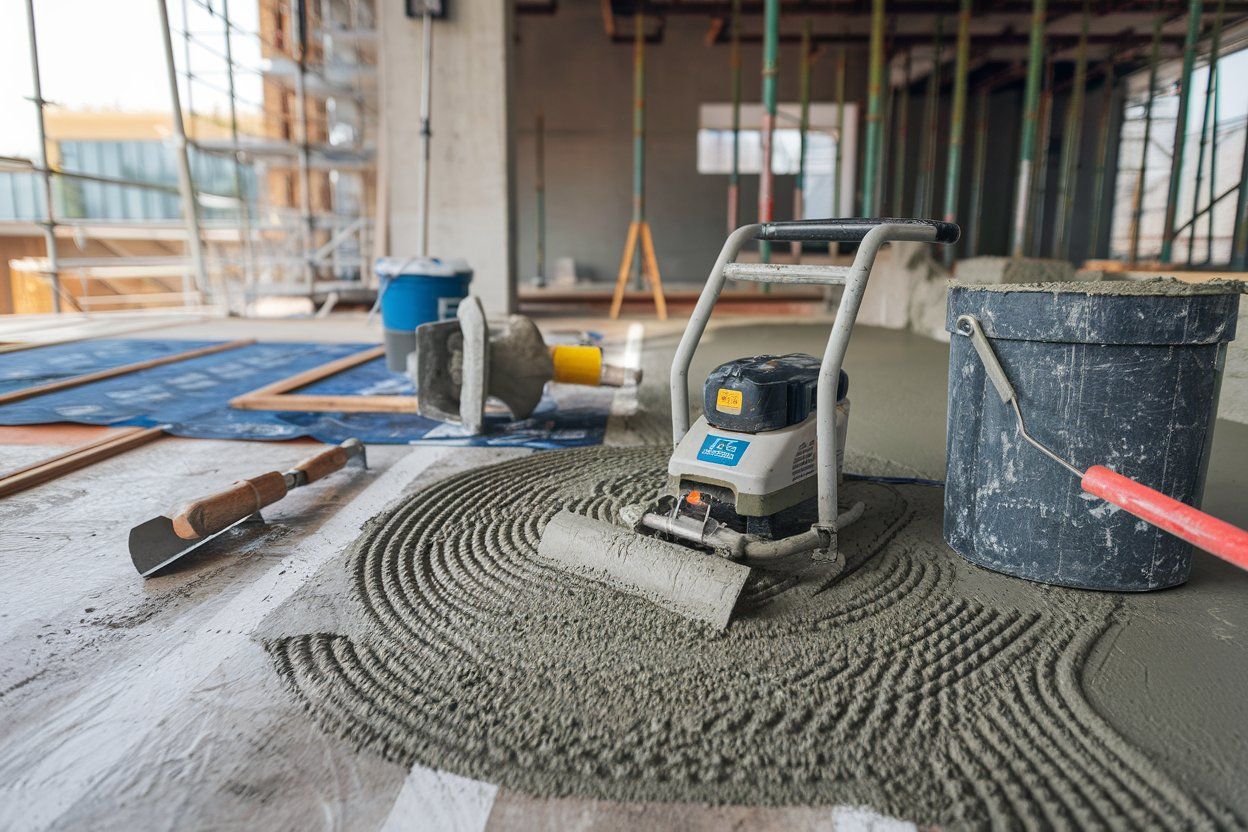 Construction floor being leveled with a power trowel beside buckets and tools inside a building.