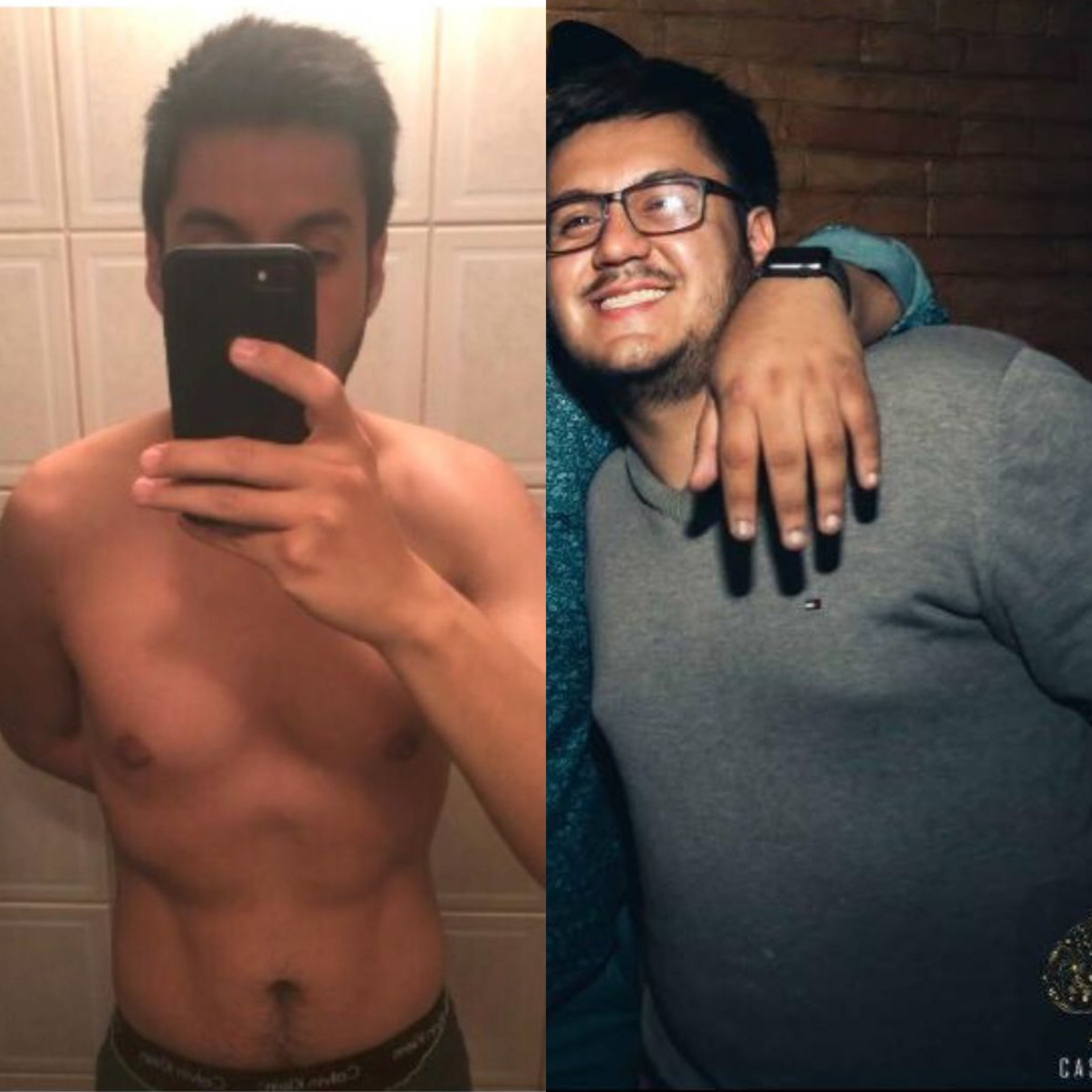 Side-by-side comparison: A person with toned physique holding phone up, next to smiling person in sweater with arm around the shoulder. FIT CON NICO
