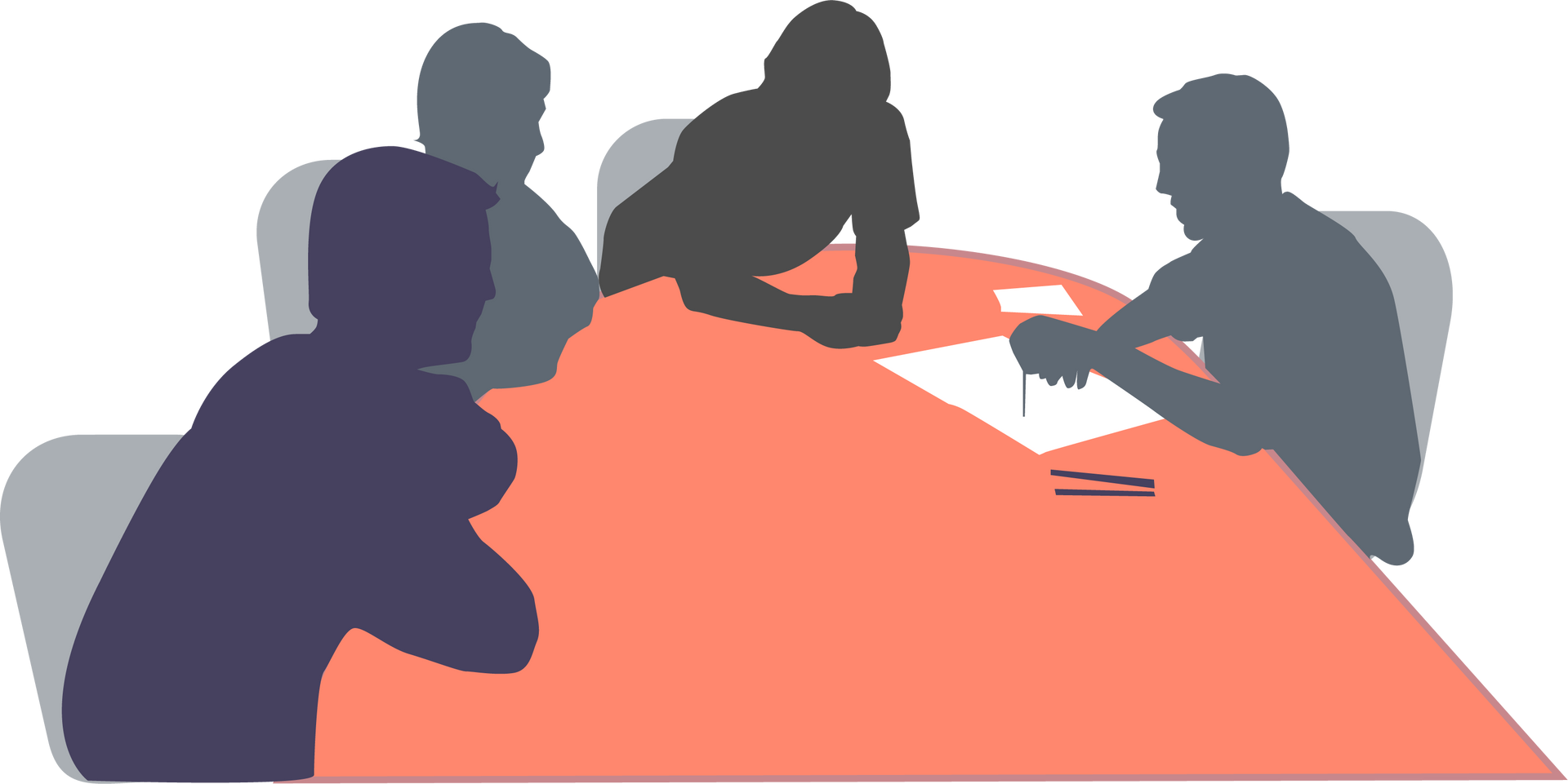 Graphic image of people sitting around a table talking and planning.