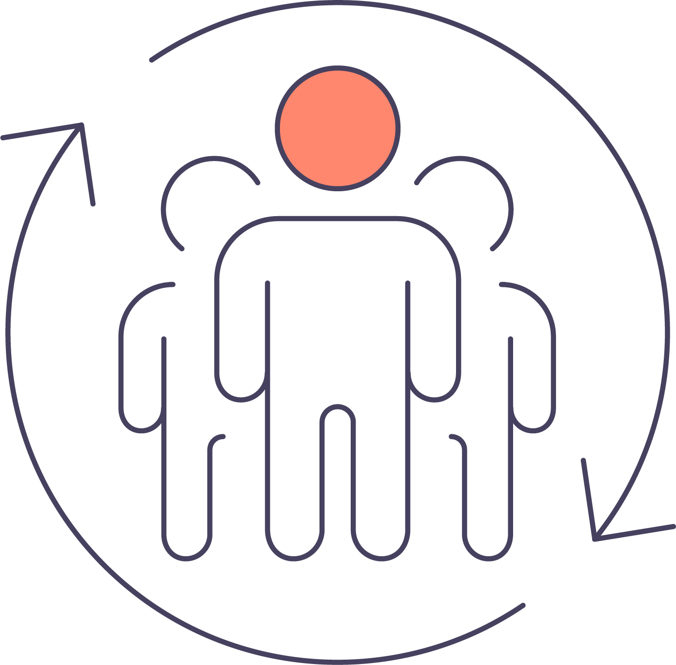 Icon of a group of people with a circle of arrows around them depicting a strategic advisory board working together as a team supporting the business objectives.