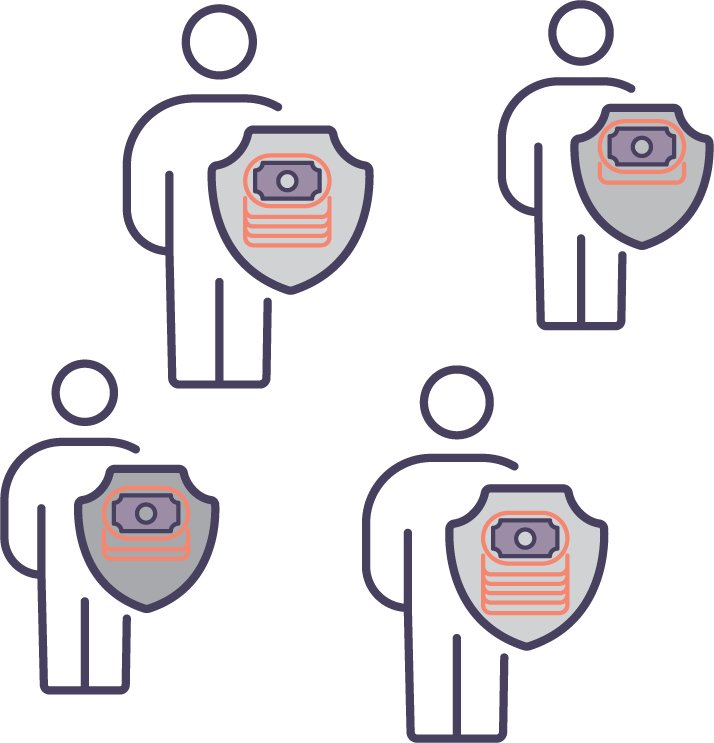 Icon of depicting a medical service trust with 4 associated doctors owning different numbers of the units in the trust.