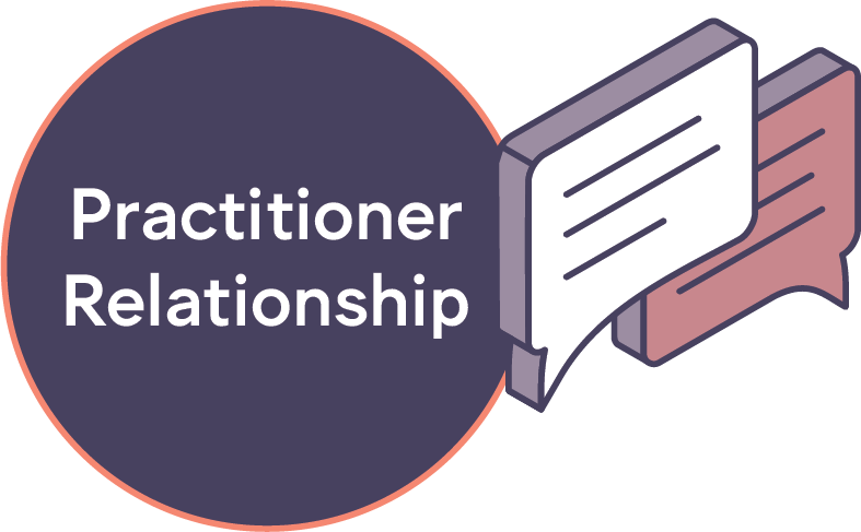Icon of two comment bubbles and a circle with Practitioner Relationship.