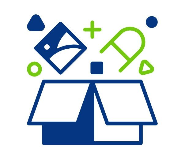 A graphic of a box with supplier products being dropped dropped into the box.