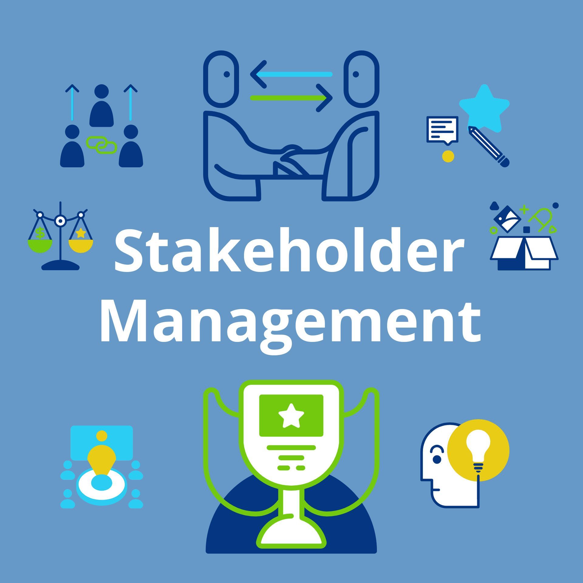 Illustration of different stakeholder management graphics depicting business and value.