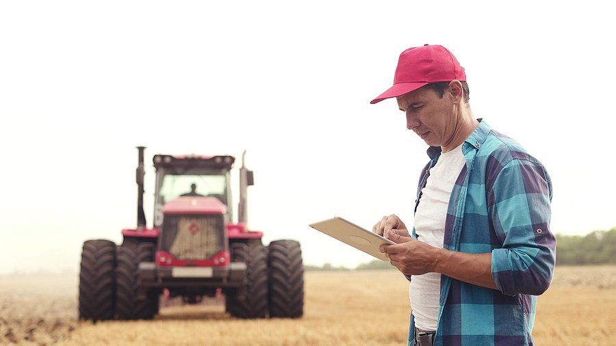 Agriculture farmer working on a digital tablet in a field in the background a tractor plows ground for wheat.