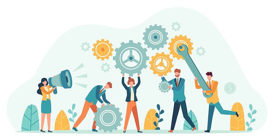 Animation of tiny people moving business cogs, management and teamwork.