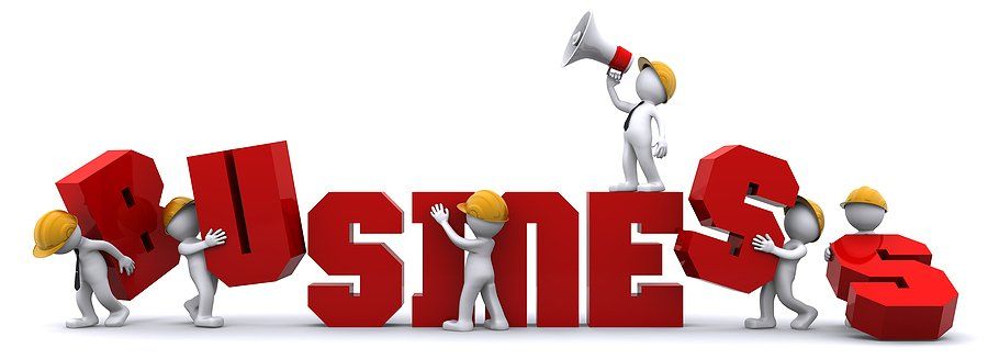 Cartoon characters holding and building the letters that make up the word business.