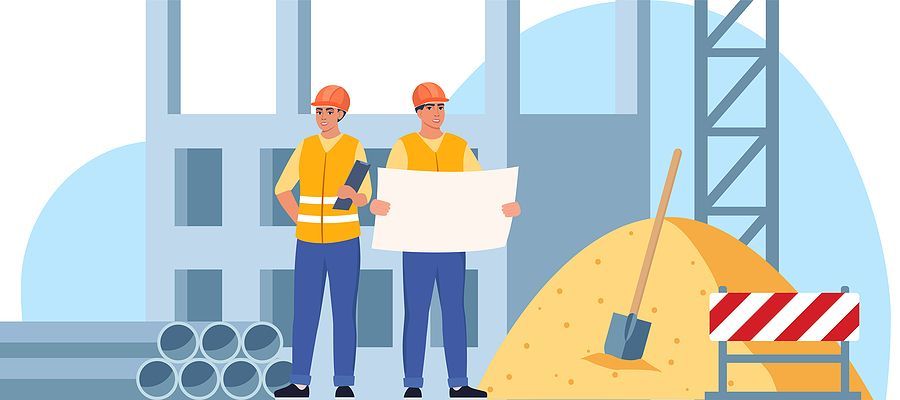 Construction workers, industrial technician builders over city construction site. Tower cranes building residential buildings. Man and woman engineer in uniform and orange protective helmet.