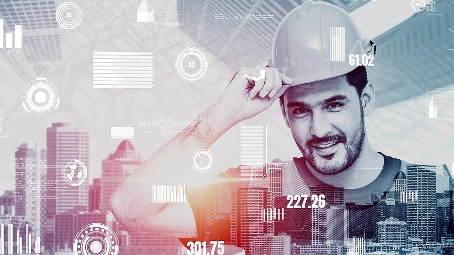 Future building construction and inventive engineering project concept with HUD hologram graphic design. Building engineer, architect people or construction worker works with modern civil technology.