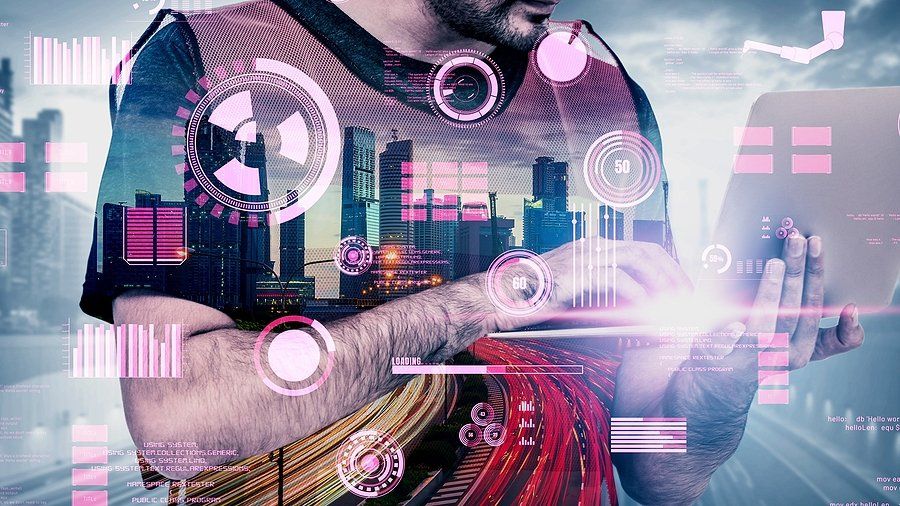 Future building construction and inventive engineering project concept with HUD hologram graphic design. Building engineer, architect people or construction worker works with modern civil technology.